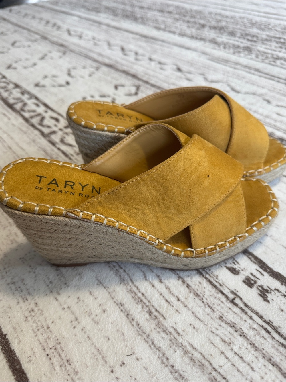Taryn Rose Mustard Yellow Suede Crossband Wedge Sandals